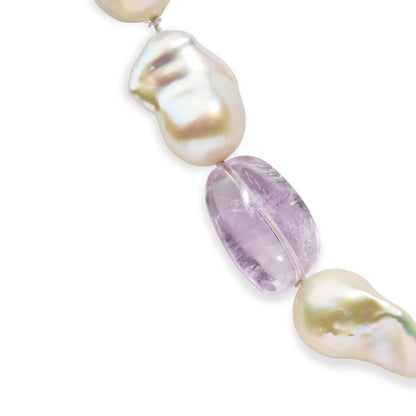 14K Yellow Gold Citrine, Amethyst, and Baroque Pearl Strand Necklace - 18" Inches-1