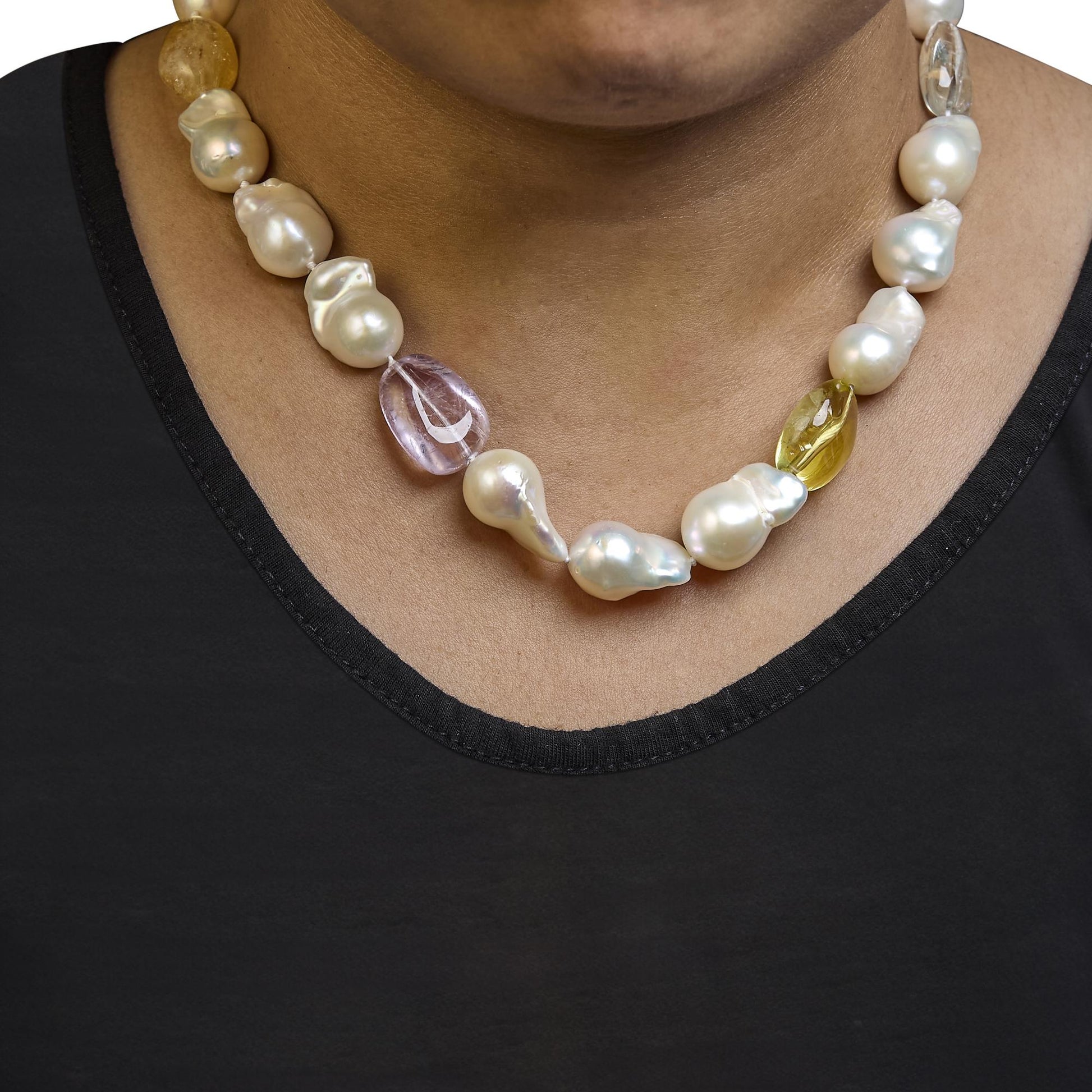 14K Yellow Gold Citrine, Amethyst, and Baroque Pearl Strand Necklace - 18" Inches-2