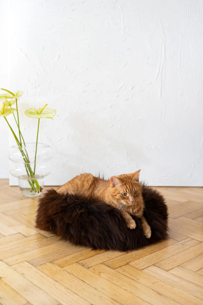 Round Natural Sheepskin Pet Bed - Brown-3
