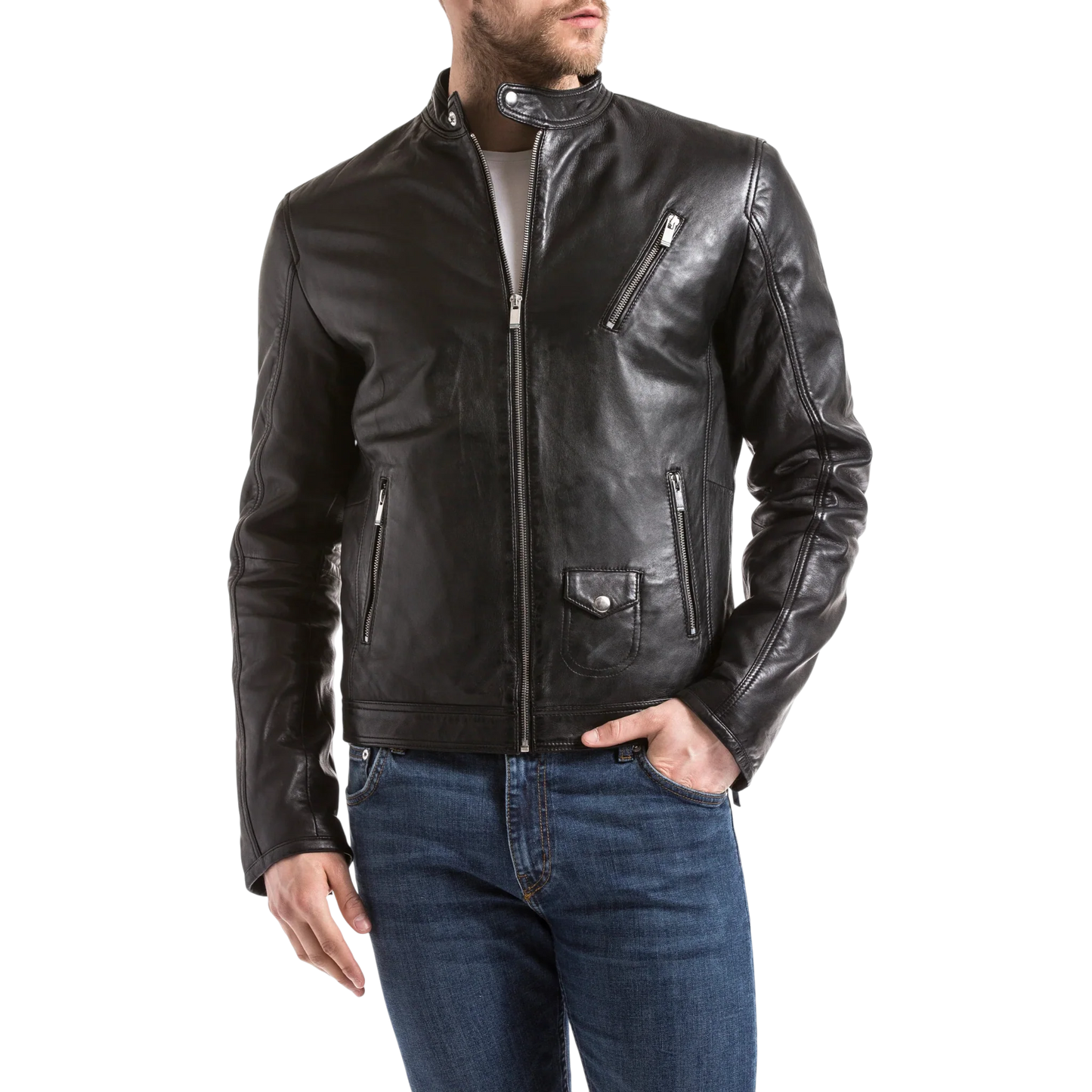 Men’s Real Leather Moto Biker Jacket-0