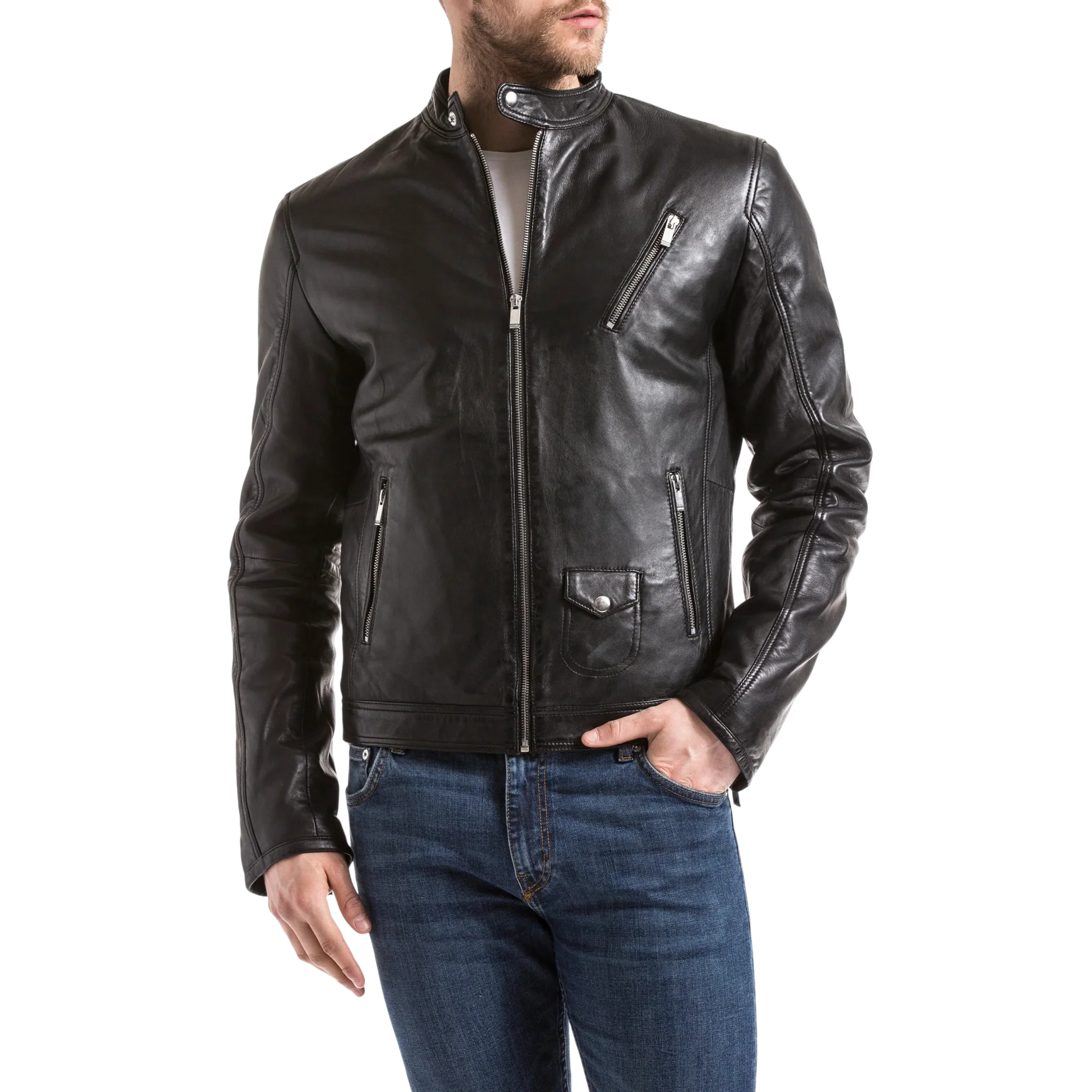 Men’s Real Leather Moto Biker Jacket-0