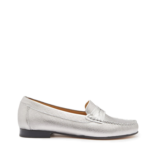 Women's Penny Loafers Leather Sole, titanium metallic leather-0