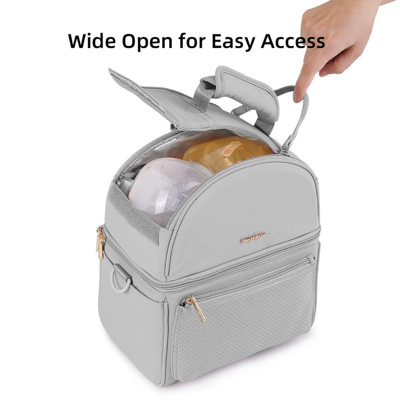 Sage green Sunveno double layer breastmilk cooler bag with insulated compartments for storing breastmilk bottles.