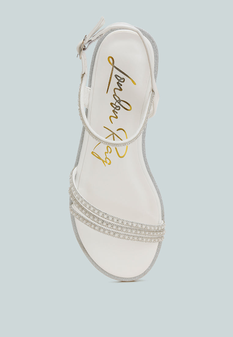 Nobbity Rhinestone Pearl Detail Flat Sandals