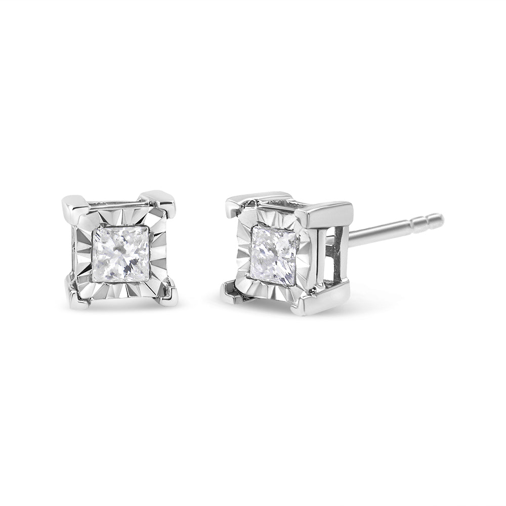 .925 Sterling Silver Miracle Set Princess-cut Diamond Solitaire Stud Earrings (H-I Color, I1-I2 Clarity)-0