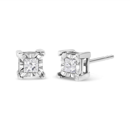 .925 Sterling Silver Miracle Set Princess-cut Diamond Solitaire Stud Earrings (H-I Color, I1-I2 Clarity)-0