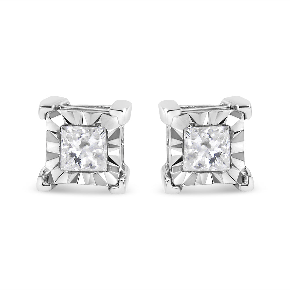 .925 Sterling Silver Miracle Set Princess-cut Diamond Solitaire Stud Earrings (H-I Color, I1-I2 Clarity)-1