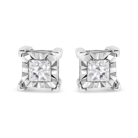 .925 Sterling Silver Miracle Set Princess-cut Diamond Solitaire Stud Earrings (H-I Color, I1-I2 Clarity)-1
