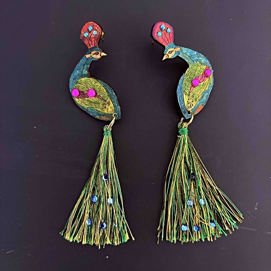 Peacock Tassel Calabash (Totumo) Earrings-1