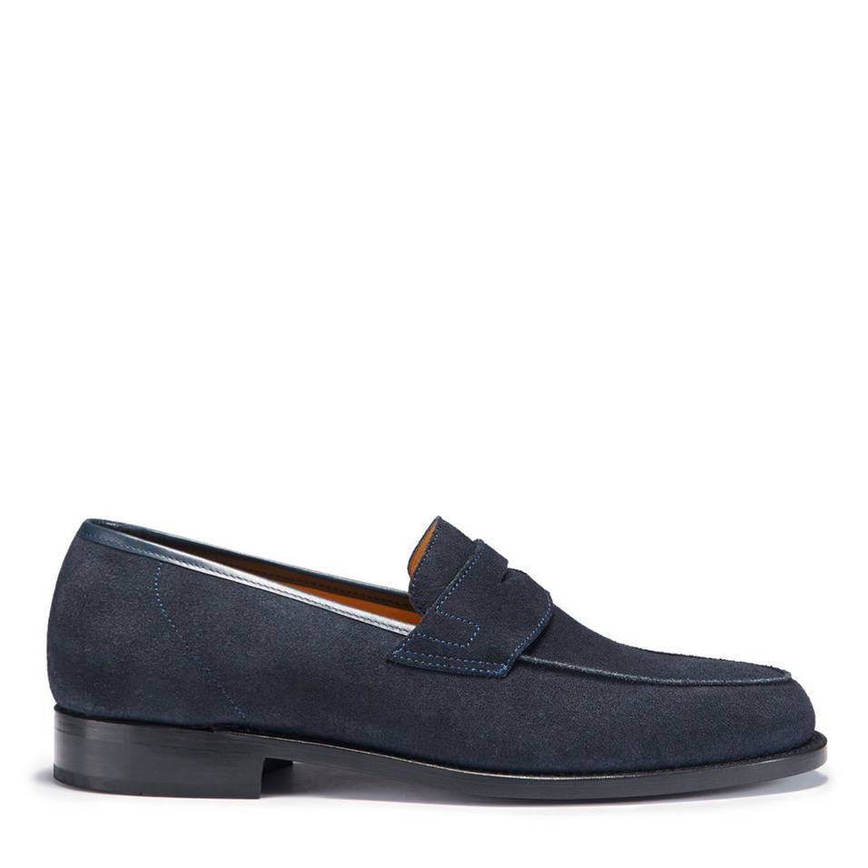Navy Blue Suede Loafers, Welted Leather Sole-0