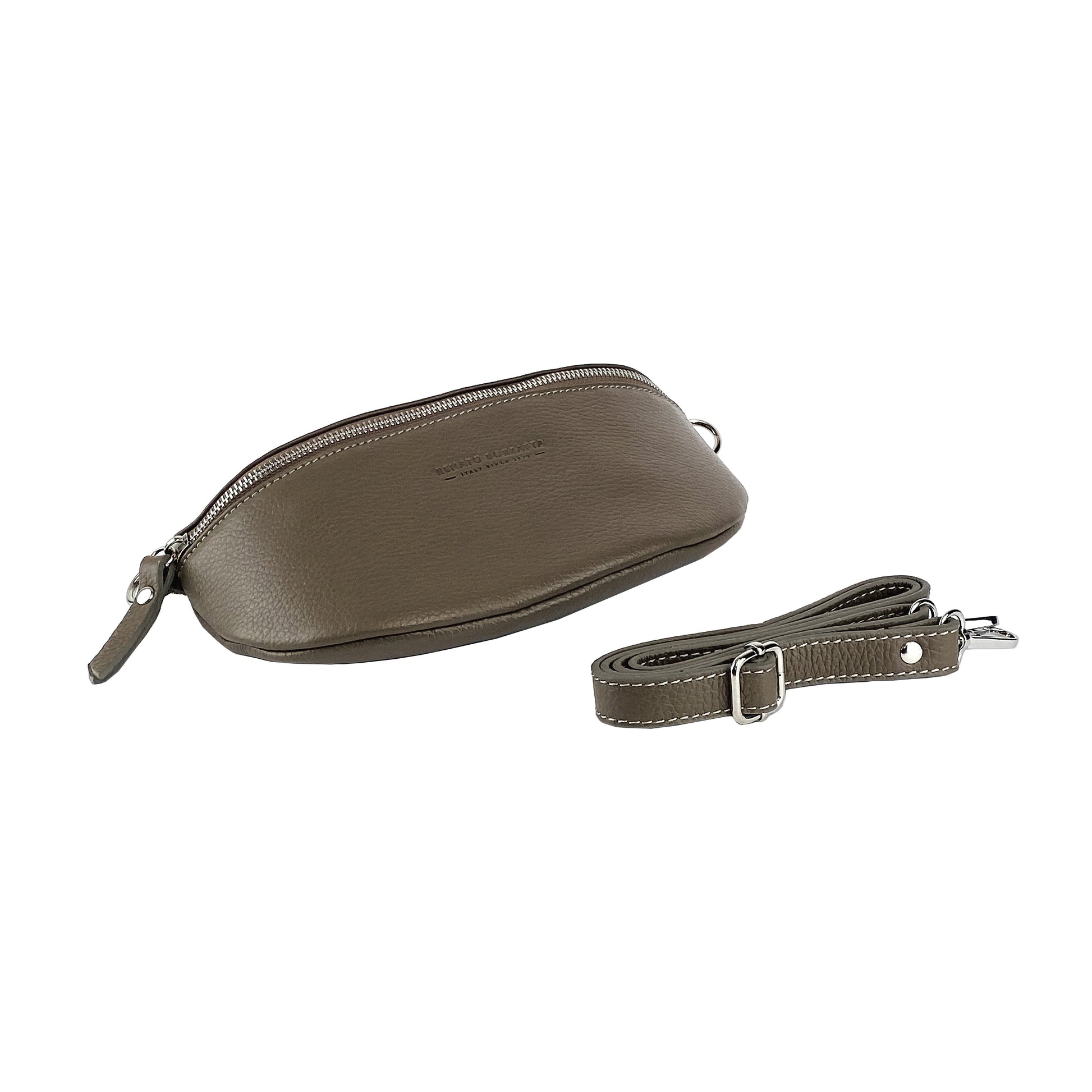 RB1015AQ | Fanny pack with removable shoulder strap in Genuine Leather Made in Italy. Polished Nickel metal snap hook attachments - Taupe color - Dimensions: 24 x 14 x 7-0