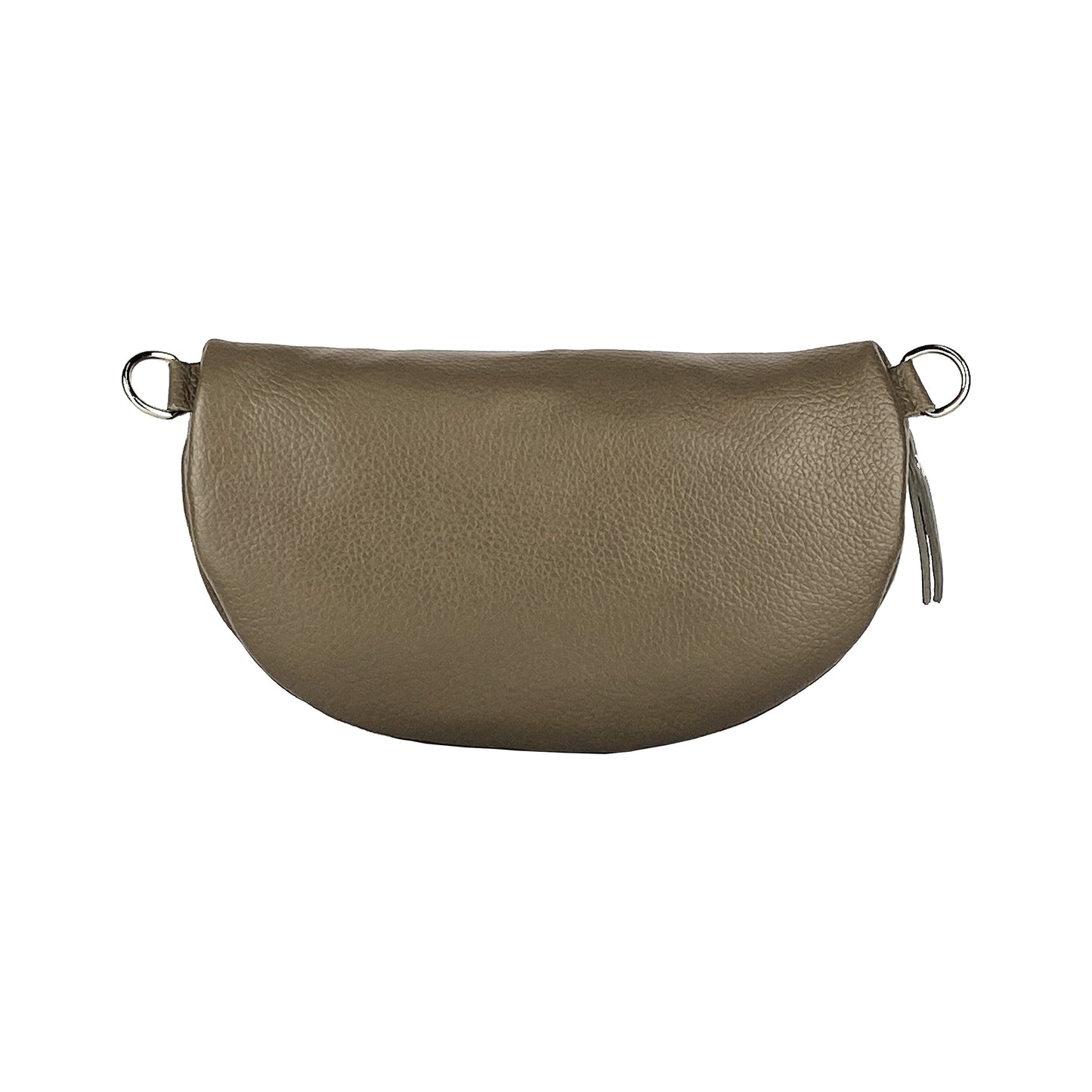 RB1015AQ | Fanny pack with removable shoulder strap in Genuine Leather Made in Italy. Polished Nickel metal snap hook attachments - Taupe color - Dimensions: 24 x 14 x 7-2