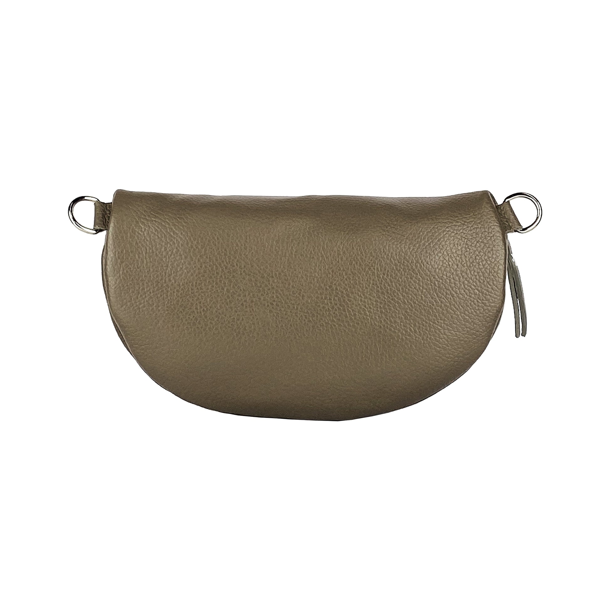 RB1015AQ | Fanny pack with removable shoulder strap in Genuine Leather Made in Italy. Polished Nickel metal snap hook attachments - Taupe color - Dimensions: 24 x 14 x 7-2