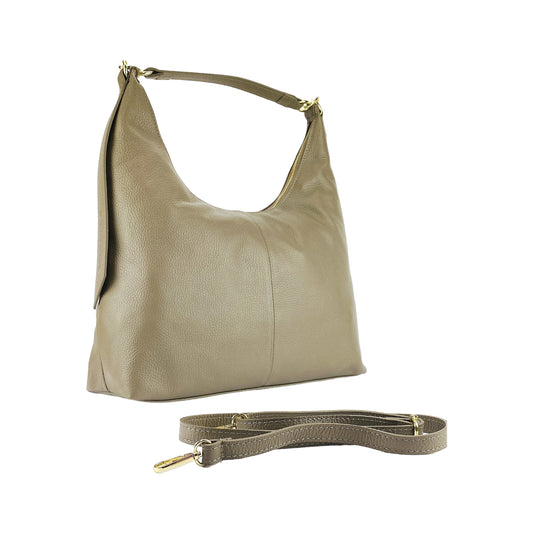 RB1017AQ | Women's Soft Shoulder Bag in Genuine Leather Made in Italy with single handle and removable shoulder strap. Shiny Gold metal snap hook attachments - Taupe color - Dimensions: cm 36 x 40 x 13-0