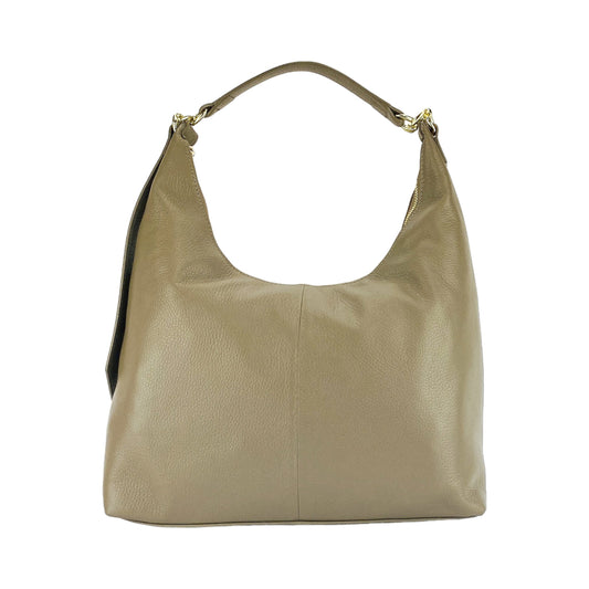 RB1017AQ | Women's Soft Shoulder Bag in Genuine Leather Made in Italy with single handle and removable shoulder strap. Shiny Gold metal snap hook attachments - Taupe color - Dimensions: cm 36 x 40 x 13-1