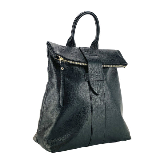 RB1021A | Women's Soft Genuine Leather Backpack Made in Italy with Adjustable Shoulder Straps. Zipper and Polished Gold Metal Accessories - Black Color - Dimensions: 30 x 34 x 10.5 cm-0
