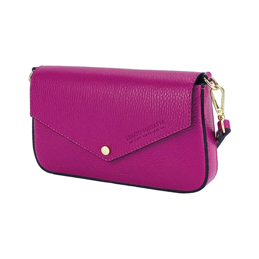 RB1023BE | Small Shoulder Bag with Removable Chain Strap in Genuine Leather Made in Italy. Flap Closure. Shiny Gold metal hardware - Fuxia color - Dimensions: 22 x 12 x 3 cm.-0