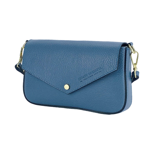 RB1023P | Small Shoulder Bag with Removable Chain Strap in Genuine Leather Made in Italy. Flap Closure. Shiny Gold metal hardware - Avio color - Dimensions: 22 x 12 x 3 cm.-0