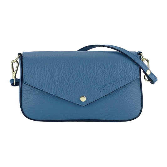 RB1023P | Small Shoulder Bag with Removable Chain Strap in Genuine Leather Made in Italy. Flap Closure. Shiny Gold metal hardware - Avio color - Dimensions: 22 x 12 x 3 cm.-1