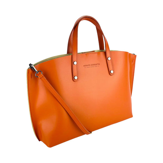 RB1024AM | Women's Made in Italy Genuine Leather Hand Bag with removable shoulder strap. Large removable internal bag. Polished Gunmetal Accessories - Paprika color - Dimensions: cm 48x31x11-0