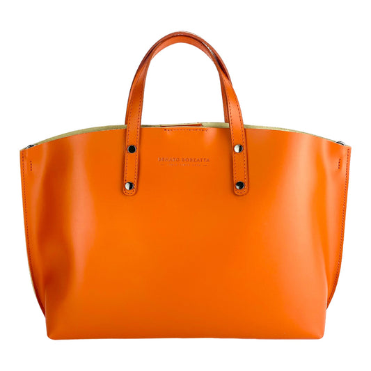 RB1024AM | Women's Made in Italy Genuine Leather Hand Bag with removable shoulder strap. Large removable internal bag. Polished Gunmetal Accessories - Paprika color - Dimensions: cm 48x31x11-1