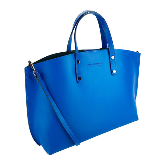RB1024CH | Women's Hand Bag in Genuine Leather Made in Italy with removable shoulder strap. Large removable internal bag. Shiny Gunmetal Accessories - Royal Blue color - Dimensions: cm 48x31x11-0