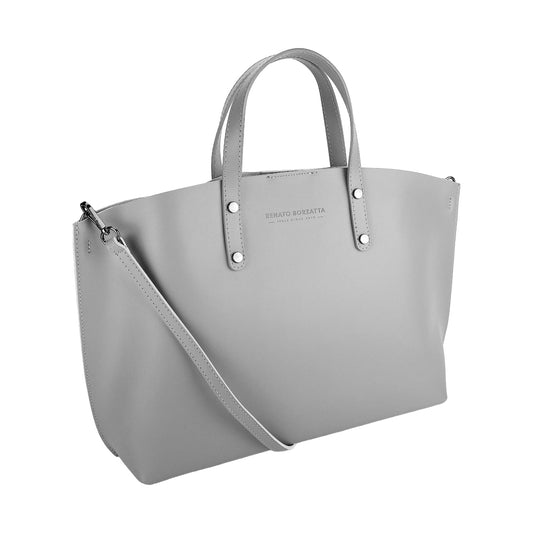 RB1024F | Women's Hand Bag in Genuine Leather Made in Italy with removable shoulder strap. Large removable internal bag. Polished Gunmetal Accessories - Grey color - Dimensions: cm 48x31x11-0