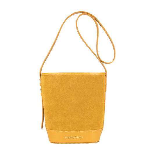 RB1031AR | BRENDA Genuine Leather Women's Bucket Bag Made in Italy. Shiny Gold metal hardware - Mustard color - Dimensions: cm 25 x 23.5 x 17-0