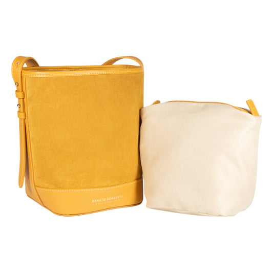 RB1031AR | BRENDA Genuine Leather Women's Bucket Bag Made in Italy. Shiny Gold metal hardware - Mustard color - Dimensions: cm 25 x 23.5 x 17-1