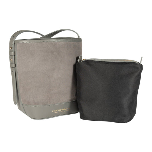 RB1031F | BRENDA Genuine Leather Women's Bucket Bag Made in Italy. Shiny Gold metal hardware - Grey color - Dimensions: 25 x 23.5 x 17 cm.-1