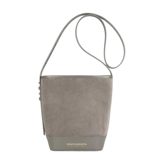 RB1031F | BRENDA Genuine Leather Women's Bucket Bag Made in Italy. Shiny Gold metal hardware - Grey color - Dimensions: 25 x 23.5 x 17 cm.-0