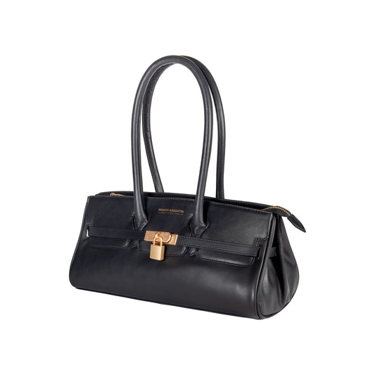 RB1033A | ARIANNA Women's Shoulder Bag in Soft Genuine Sauvage Leather Made in Italy. Matte Gold Metal Accessories. Color: Black. Dimensions: 34 x 15 x 16 + 20 cm (handle drop)-1