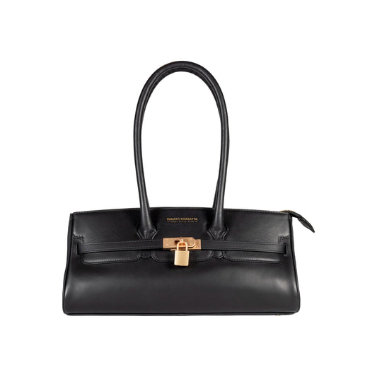RB1033A | ARIANNA Women's Shoulder Bag in Soft Genuine Sauvage Leather Made in Italy. Matte Gold Metal Accessories. Color: Black. Dimensions: 34 x 15 x 16 + 20 cm (handle drop)-0