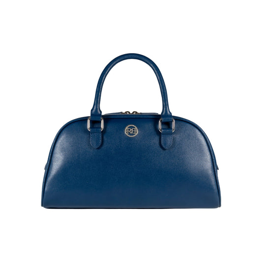 RB1034D | VIRGINIA Women's Bowling Bag in Genuine Saffiano Leather Made in Italy. Polished Silver Metal Hardware. Color: Blue. Dimensions: 35 x 19 x 14.5 + 12 cm (handle drop).-0
