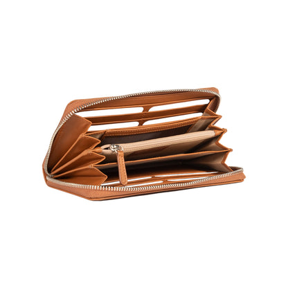 RB1084SS | Women's zippered wallet made in Italy in smooth, matte genuine leather. Cognac color. Dimensions: 20 x 10 x 2.5 cm-2