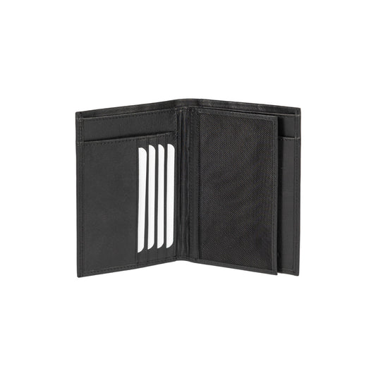 RB12009A | Men's flap pocket wallet in genuine full-grain leather, with light grain. Black color. RFID protection. Size when closed: 9.5 x 13 x 2 cm. Packaging: gift box bottom/cover-1