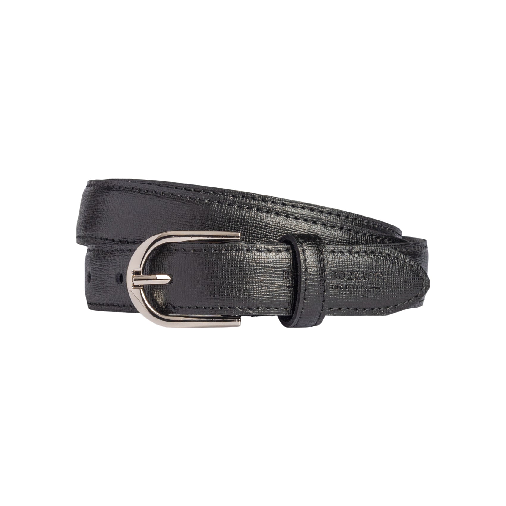 RB4016A | Women's Belt Made in Italy in Genuine Saffiano Leather. Polished Silver Buckle. Color: Black. Dimensions: 115 x 2.5 x 0.5 cm (waistline 100 cm)-0