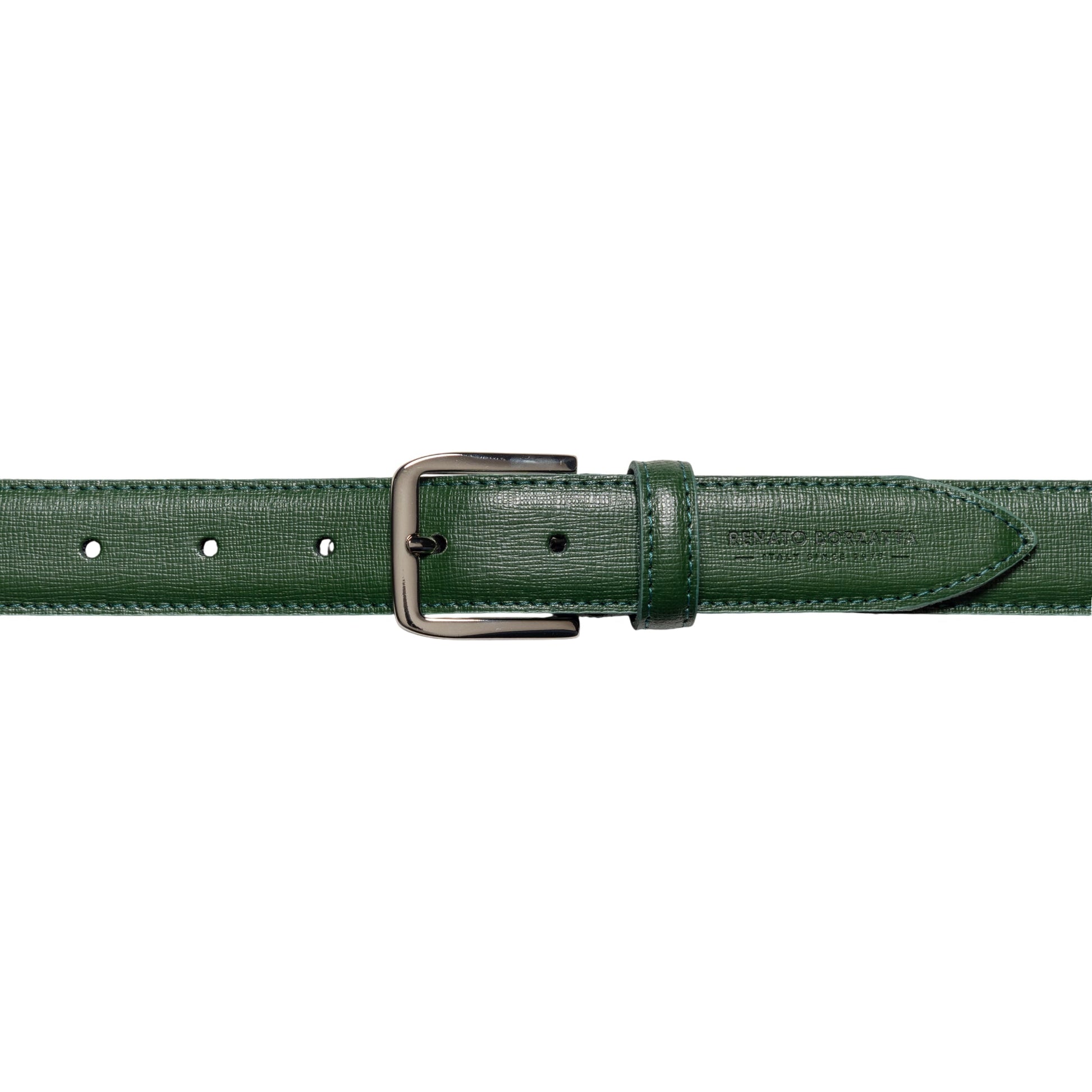 RB4017E | Women's Belt Made in Italy in Genuine Saffiano Leather. Polished Silver Buckle. Green. Dimensions: 115 x 3.0 x 0.5 cm (waistline 100 cm).-1