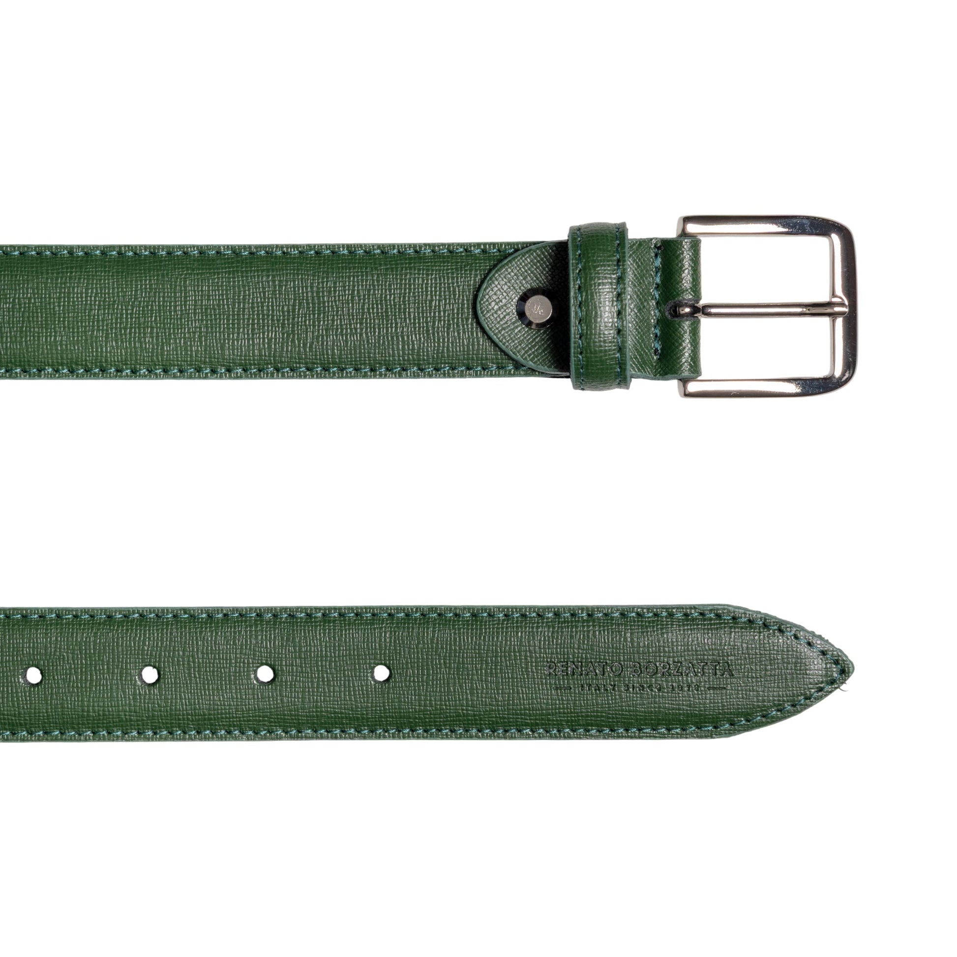 RB4017E | Women's Belt Made in Italy in Genuine Saffiano Leather. Polished Silver Buckle. Green. Dimensions: 115 x 3.0 x 0.5 cm (waistline 100 cm).-2
