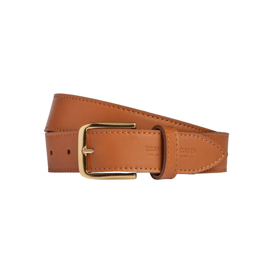 RB4020S | Women's Belt Made in Italy in Soft Genuine Sauvage Leather. Polished Gold-finish buckle. Cognac color. Dimensions: 115 x 3.0 x 0.5 cm (waistline 100 cm)-0