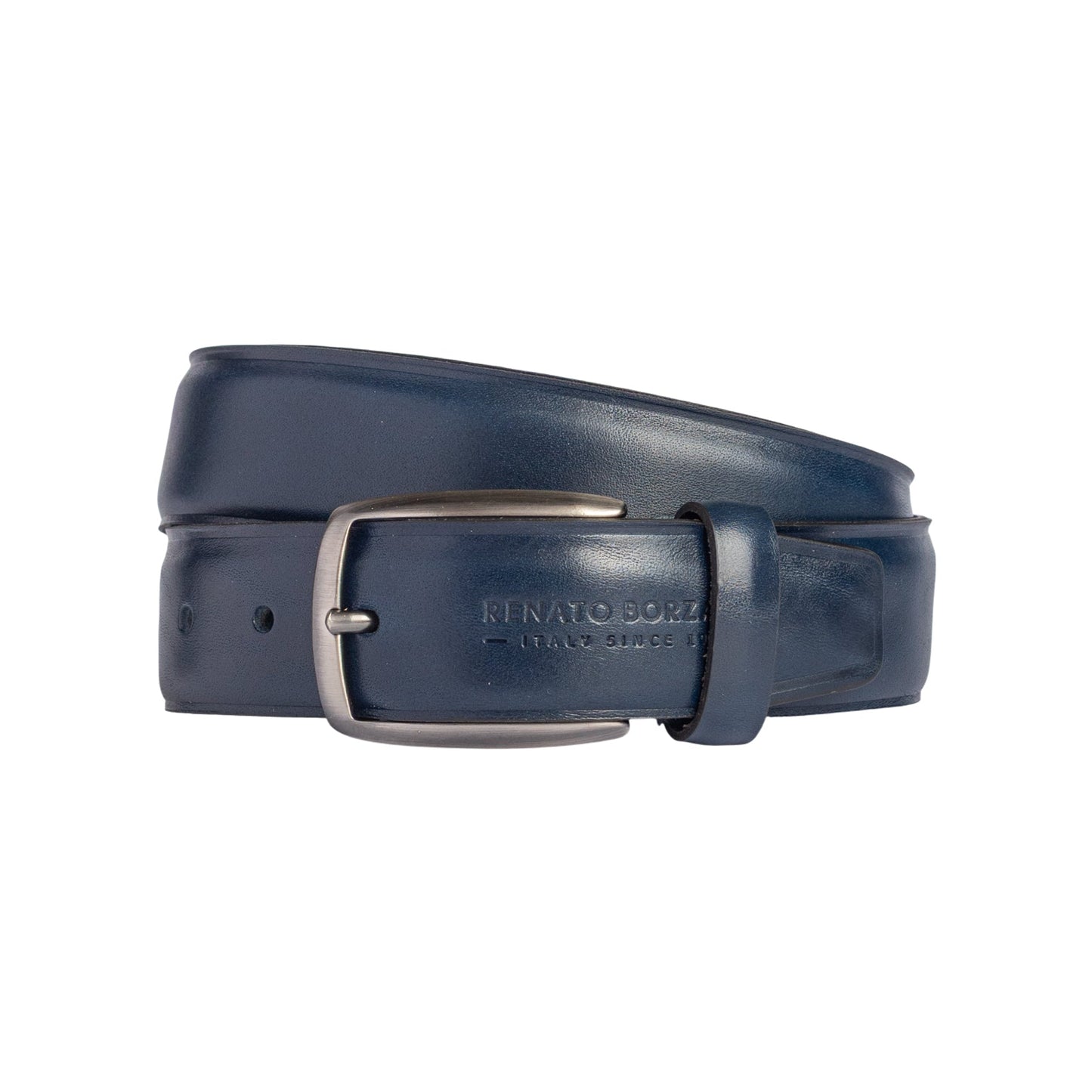 RB4025D | Men's Belt Made in Italy in Genuine Vegetable-Tanned Leather. Satin Gunmetal Buckle. Color: Blue. Dimensions: 125 x 3.5 x 0.5 cm (waistline 110 cm)-0