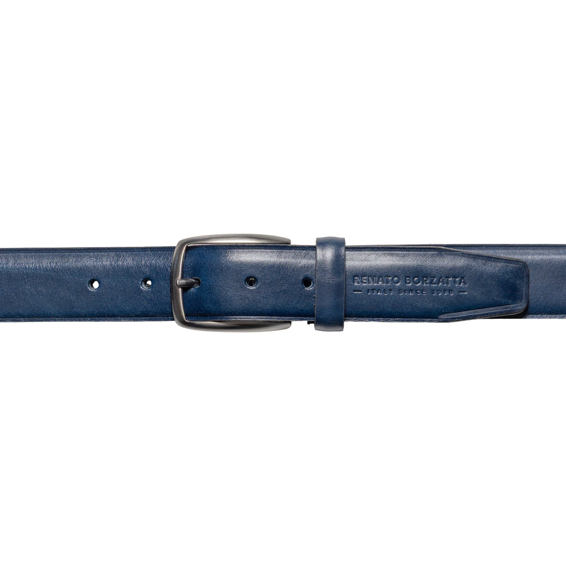 RB4025D | Men's Belt Made in Italy in Genuine Vegetable-Tanned Leather. Satin Gunmetal Buckle. Color: Blue. Dimensions: 125 x 3.5 x 0.5 cm (waistline 110 cm)-1