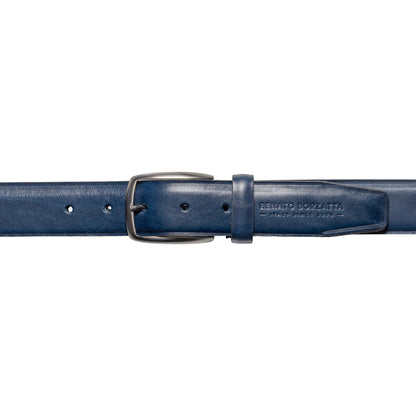 RB4025D | Men's Belt Made in Italy in Genuine Vegetable-Tanned Leather. Satin Gunmetal Buckle. Color: Blue. Dimensions: 125 x 3.5 x 0.5 cm (waistline 110 cm)-1