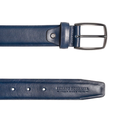 RB4025D | Men's Belt Made in Italy in Genuine Vegetable-Tanned Leather. Satin Gunmetal Buckle. Color: Blue. Dimensions: 125 x 3.5 x 0.5 cm (waistline 110 cm)-2