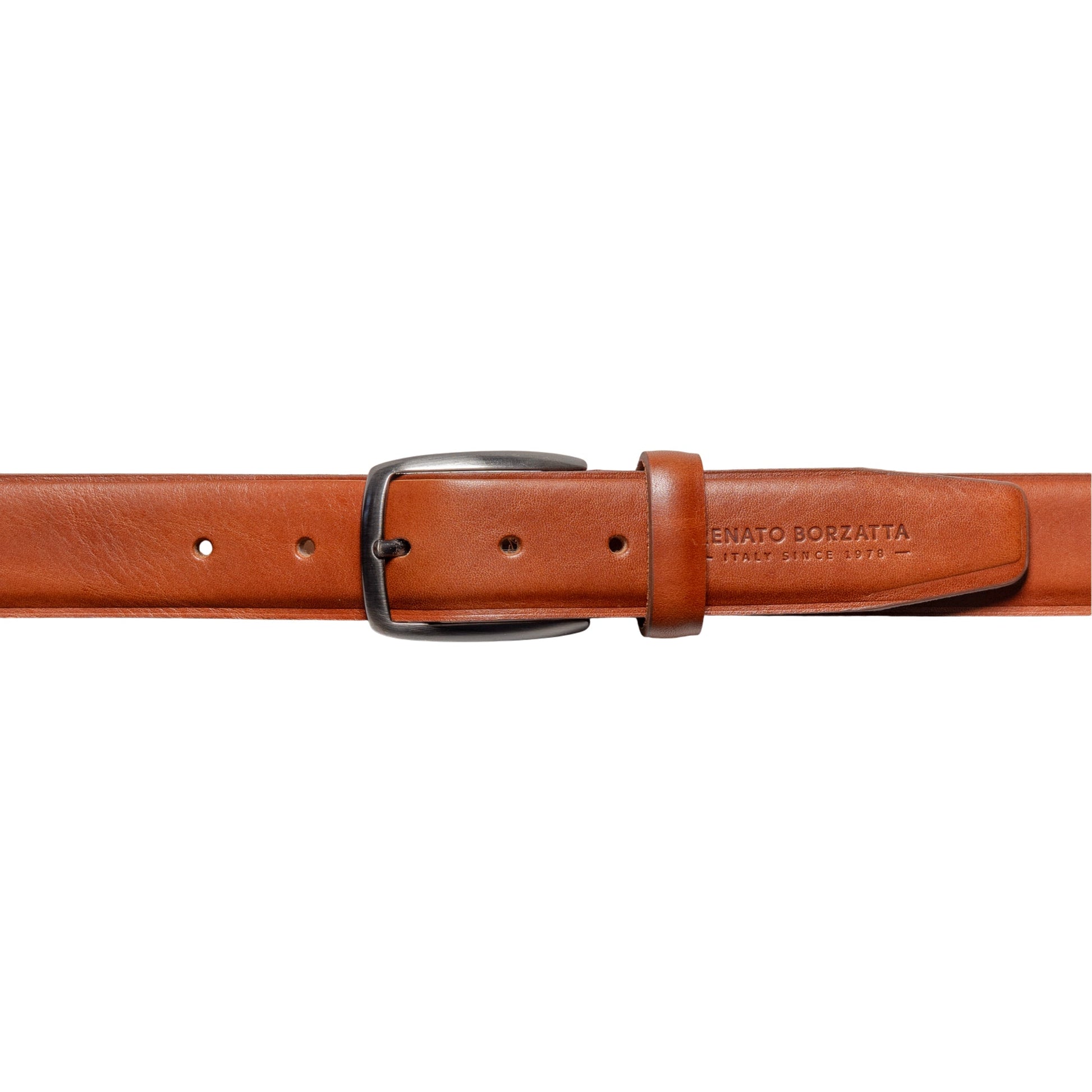RB4025S | Men's Belt Made in Italy in Genuine Vegetable-Tanned Leather. Satin Gunmetal Buckle. Cognac Color. Dimensions: 125 x 3.5 x 0.5 cm (waistline 110 cm)-1