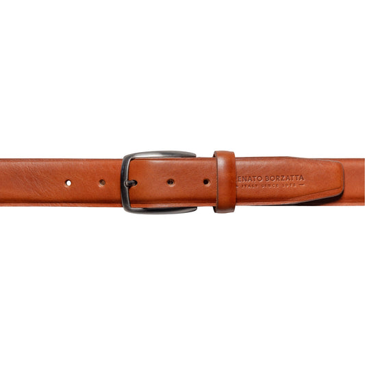 RB4025S | Men's Belt Made in Italy in Genuine Vegetable-Tanned Leather. Satin Gunmetal Buckle. Cognac Color. Dimensions: 125 x 3.5 x 0.5 cm (waistline 110 cm)-1