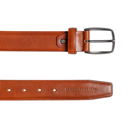 RB4025S | Men's Belt Made in Italy in Genuine Vegetable-Tanned Leather. Satin Gunmetal Buckle. Cognac Color. Dimensions: 125 x 3.5 x 0.5 cm (waistline 110 cm)-2