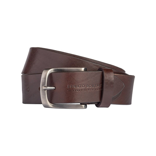 RB4027B | Men's Belt Made in Italy in Genuine Vegetable-Tanned Leather. Satin Gunmetal Buckle. Dark Brown Color. Dimensions: 125 x 4.0 x 0.5 cm (waistline 110 cm)-0