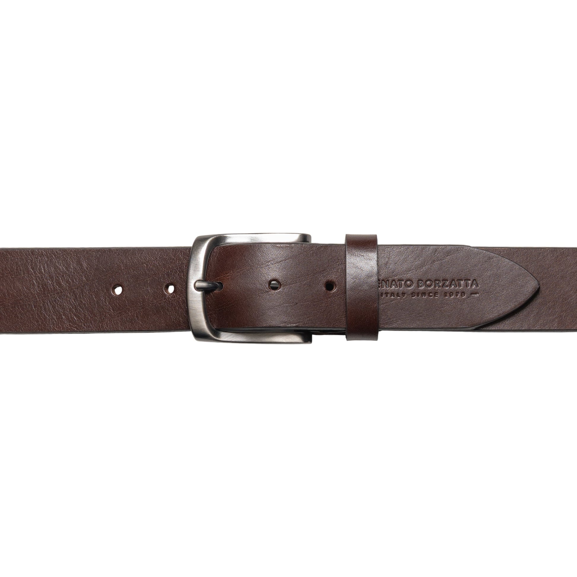 RB4027B | Men's Belt Made in Italy in Genuine Vegetable-Tanned Leather. Satin Gunmetal Buckle. Dark Brown Color. Dimensions: 125 x 4.0 x 0.5 cm (waistline 110 cm)-1