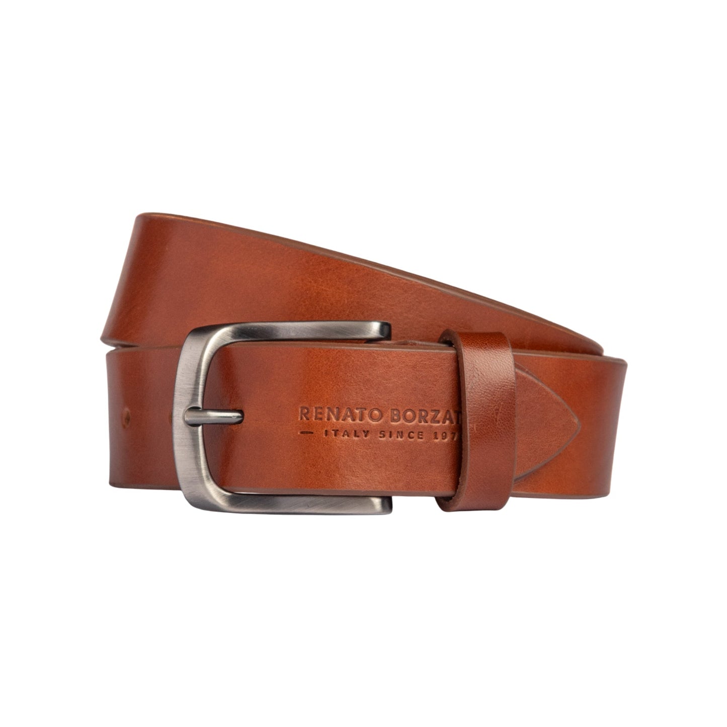 RB4027S | Men's Belt Made in Italy in Genuine Vegetable-Tanned Leather. Satin Gunmetal Buckle. Cognac Color. Dimensions: 125 x 4.0 x 0.5 cm (waistline 110 cm)-0